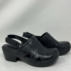 BOC Born Slingback Clogs Sandals Black Leather Embossed Floral 6 M Block Heel